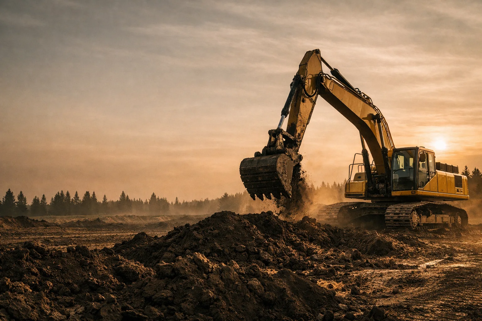 Excavator working on rugged ground at sunset